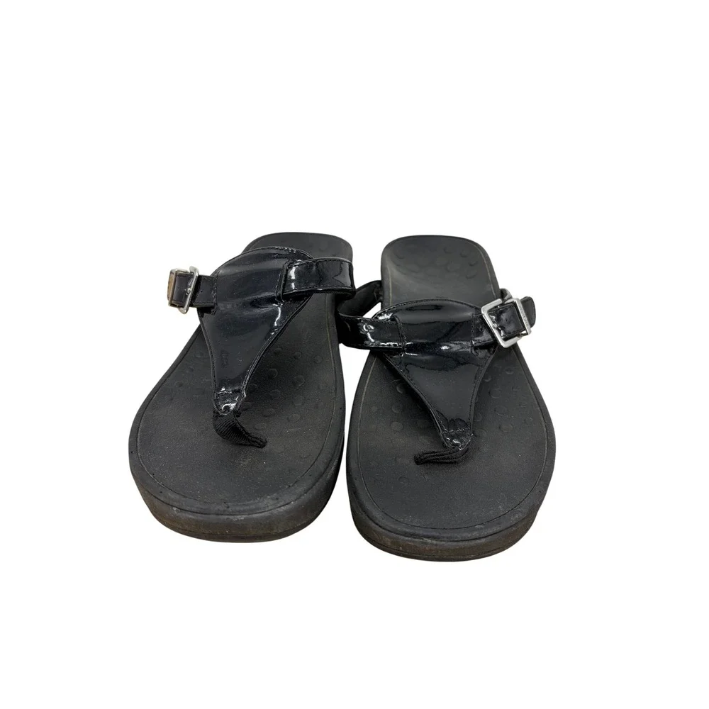 Vionic‎ Women Black Patent Leather Platform Wedge Thong Sandals Buckle Strap 8